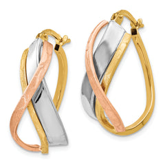14K Tri-color Polished and Brushed Fancy Hoop Earrings