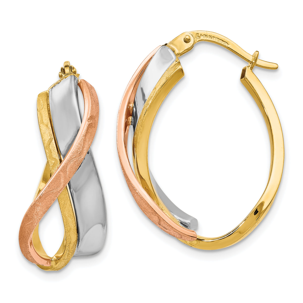 14K Tri-color Polished and Brushed Fancy Hoop Earrings