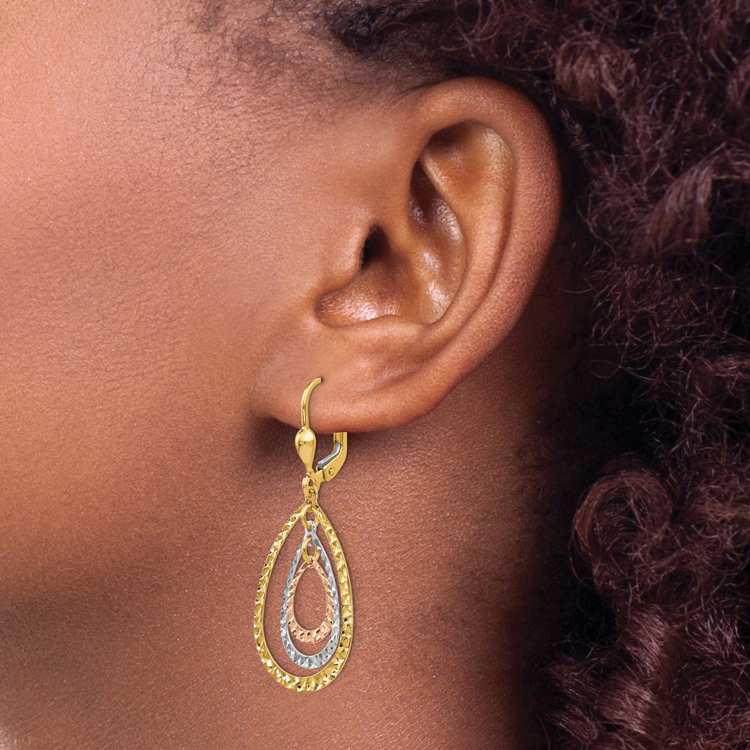 14K Tri-Color Gold Leverback Drop Earrings with Polished Textured Finish
