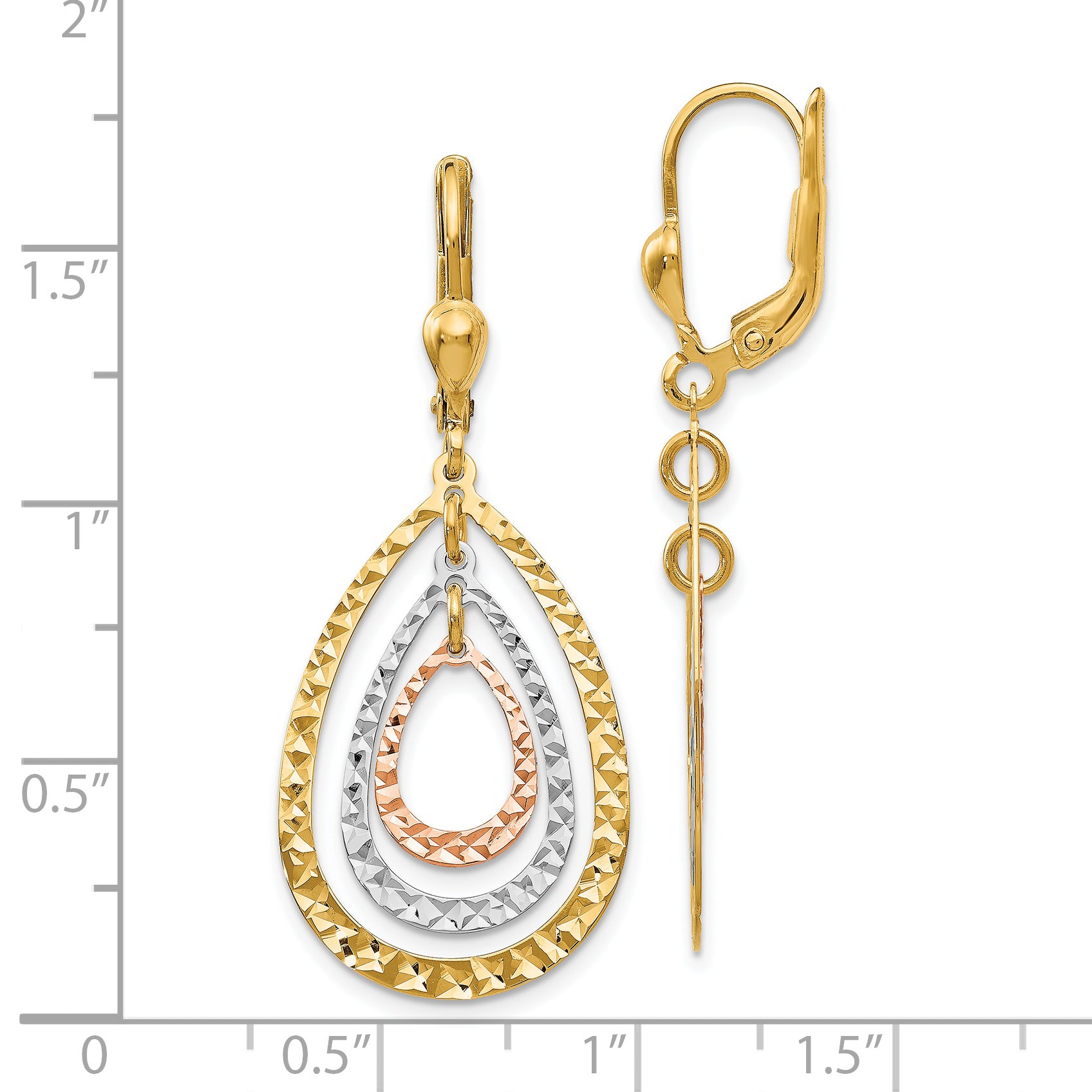 14K Tri-Color Gold Leverback Drop Earrings with Polished Textured Finish