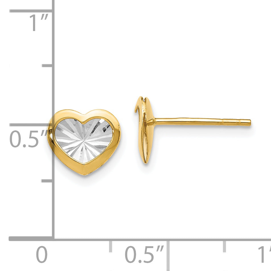 14K Gold and White Rhodium Heart Earrings with Polished Diamond-Cut Finish