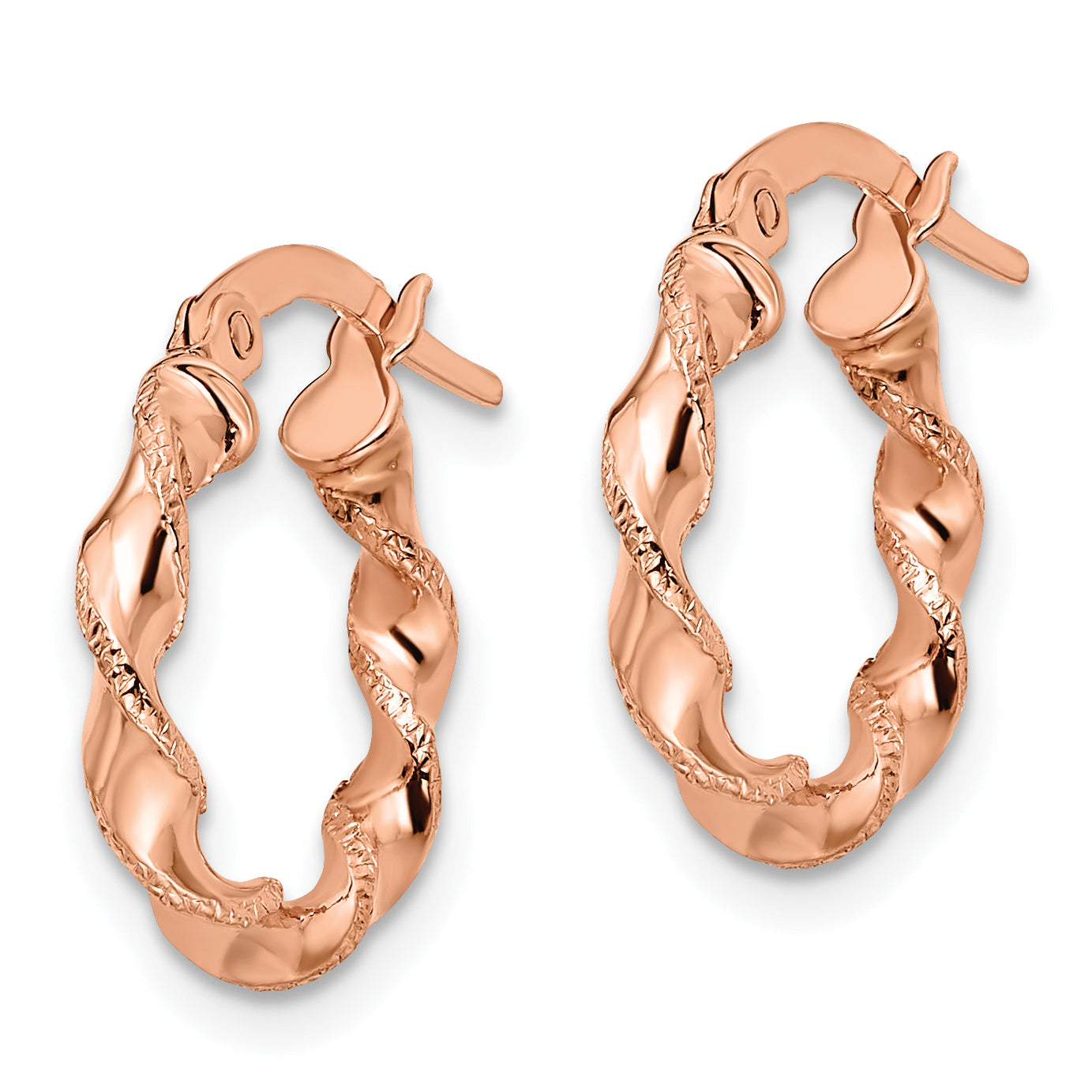 14K Rose Gold Twisted Hoop Earrings with Polished Finish and Rhodium Plating Secondary image