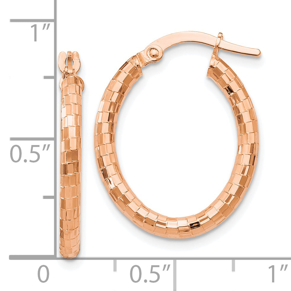 14K Rose Gold Textured Oval Hoop Earrings with Polished Finish and Lifetime Guarantee