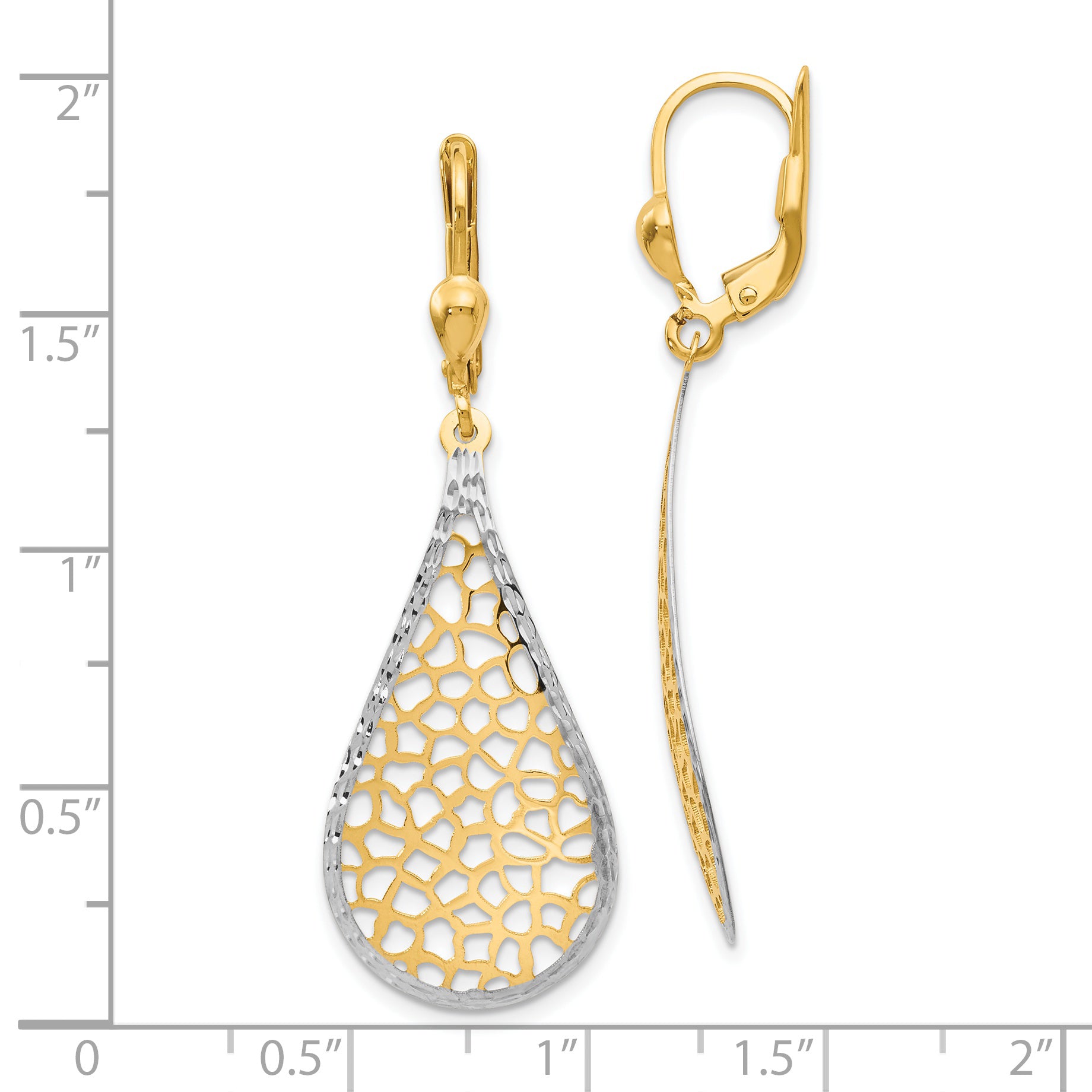 14K Gold & White Rhodium Diamond-Cut Leverback Earrings Polished, Laser Cut, Elegant Design