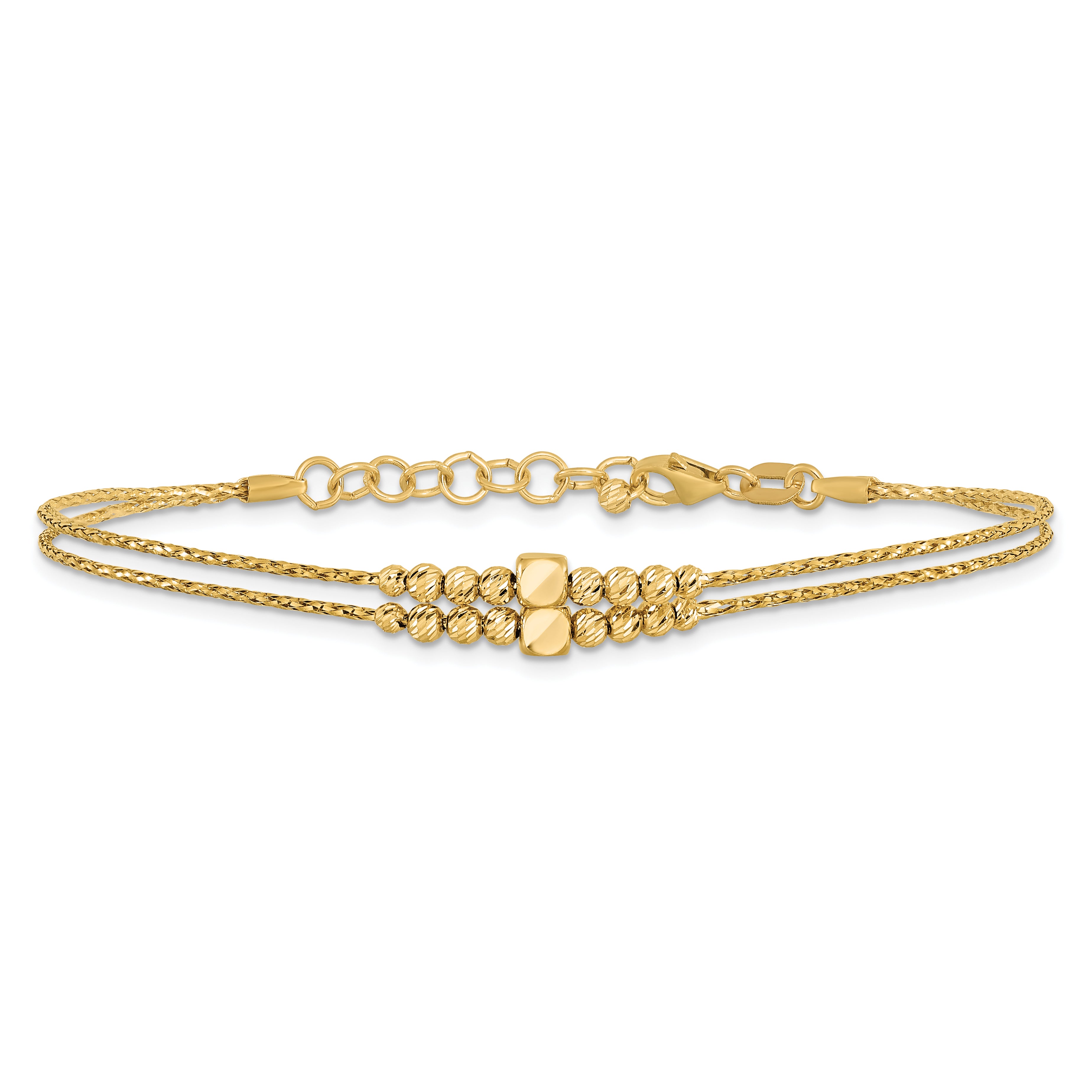 14K Polished D/C Beaded 2-strand w/ 1in ext Bracelet