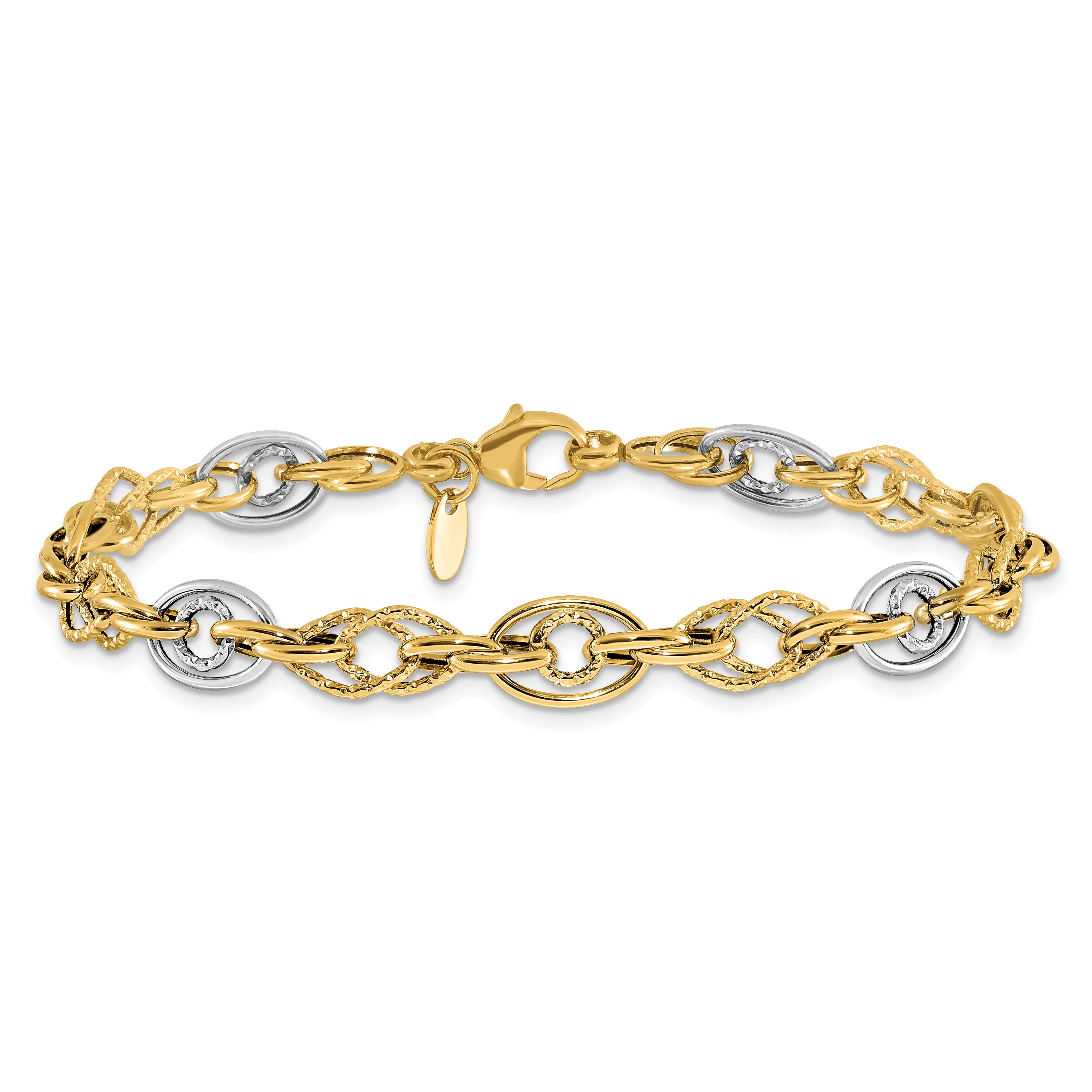 14k Rhodium Polished and Textured Fancy Link Bracelet - 7.5