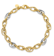 14k Rhodium Polished and Textured Fancy Link Bracelet - 7.5