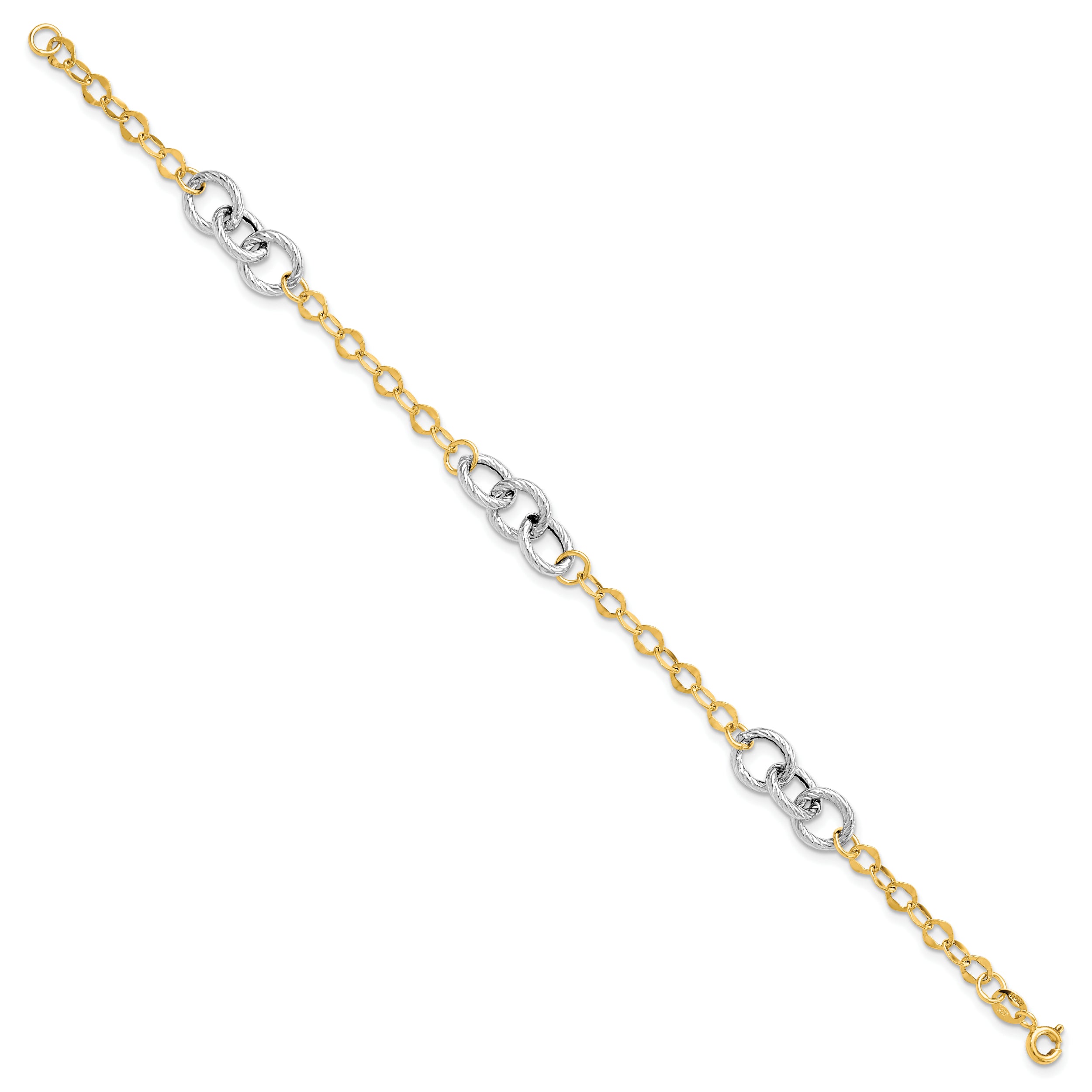 14K Two-tone Polished and Textured Fancy Link Bracelet