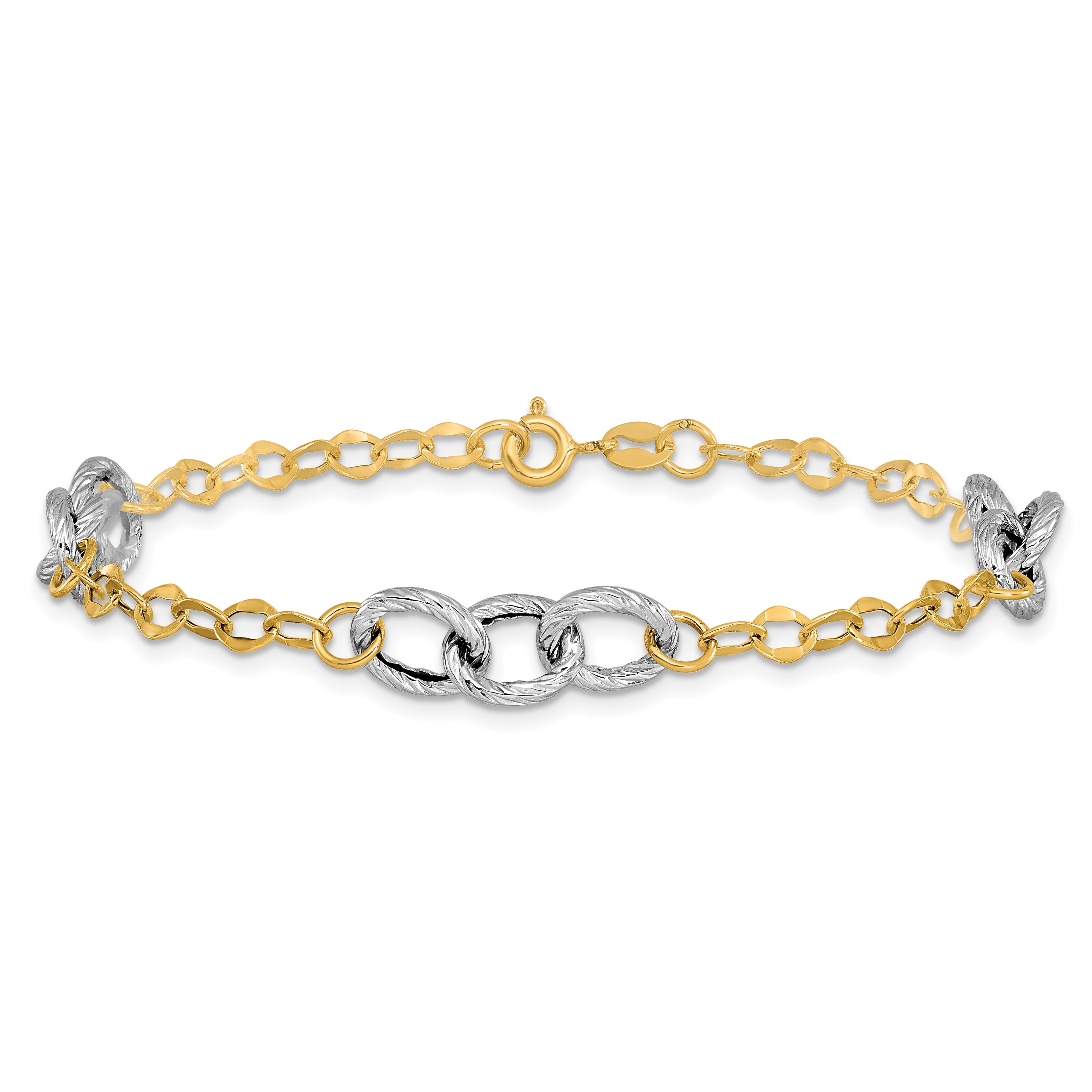 14K Two-tone Polished and Textured Fancy Link Bracelet