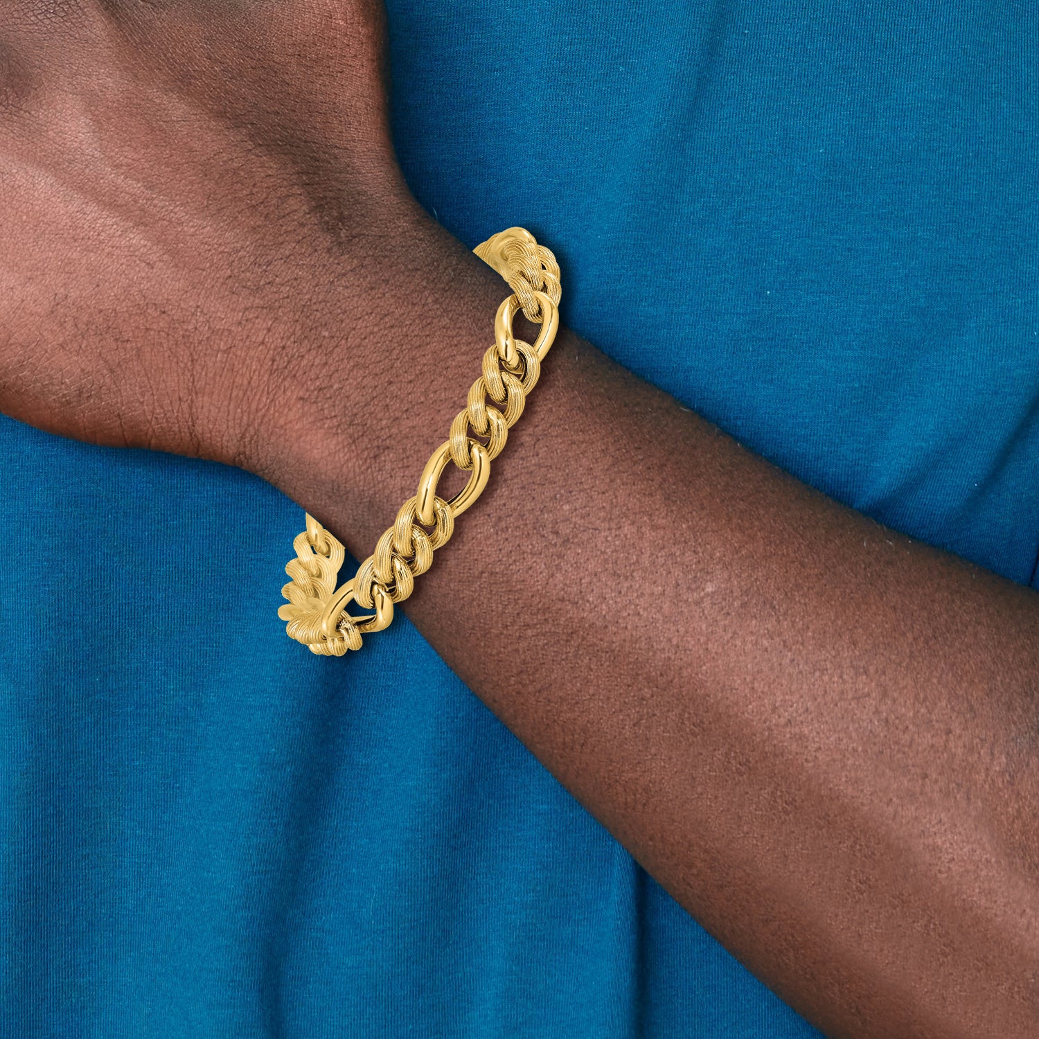 14K Polished and Textured Hollow Fancy Link Bracelet