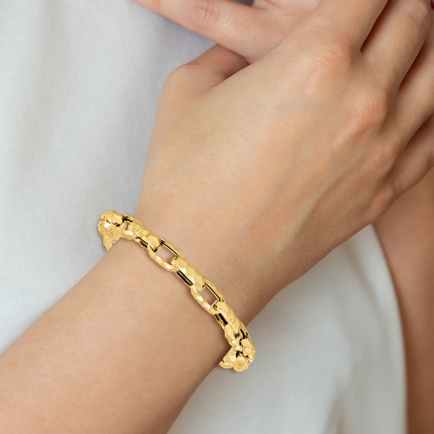14K Polished Hollow Hammered Link Bracelet