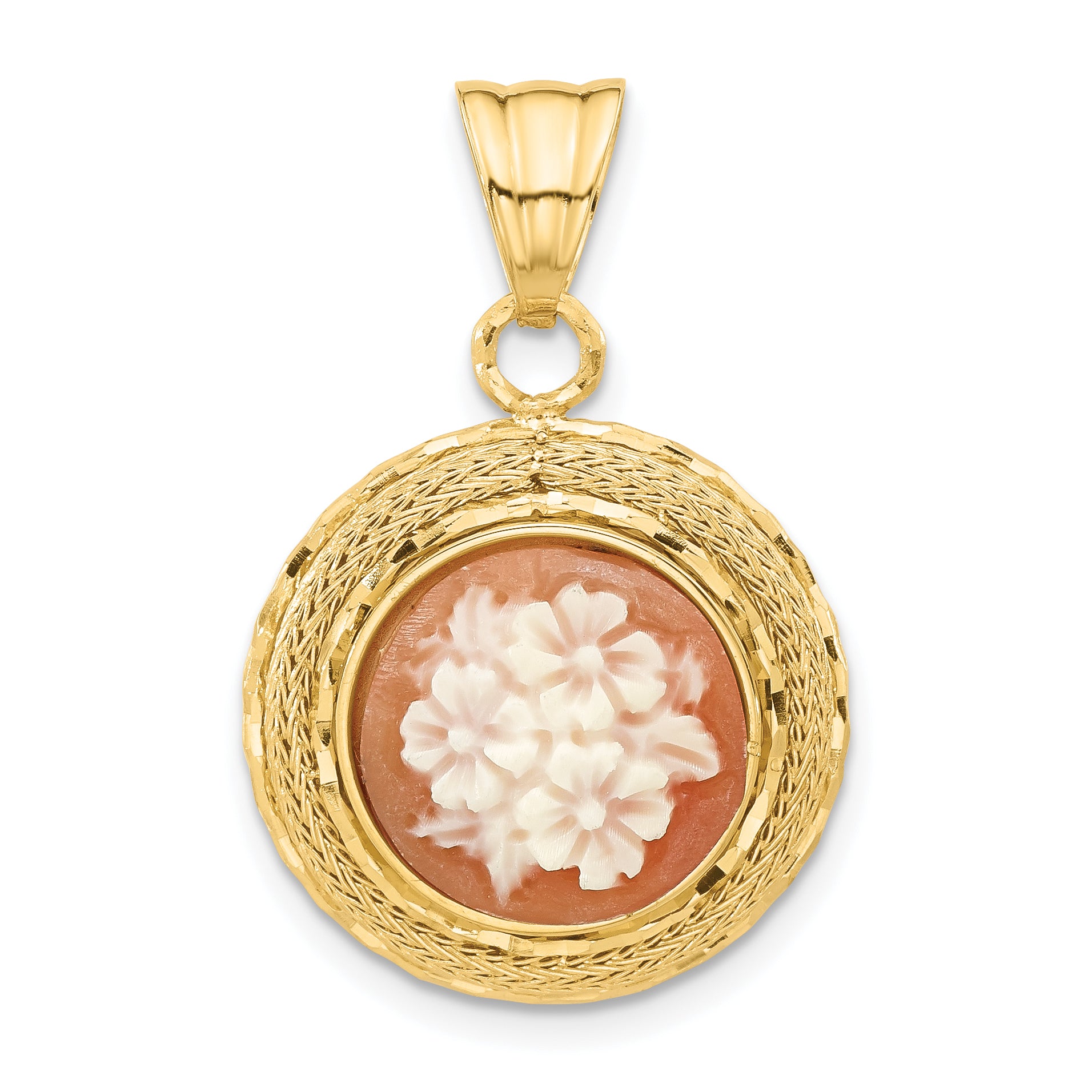 14K Diamond-cut Natural Shell Floral Cameo Pendant