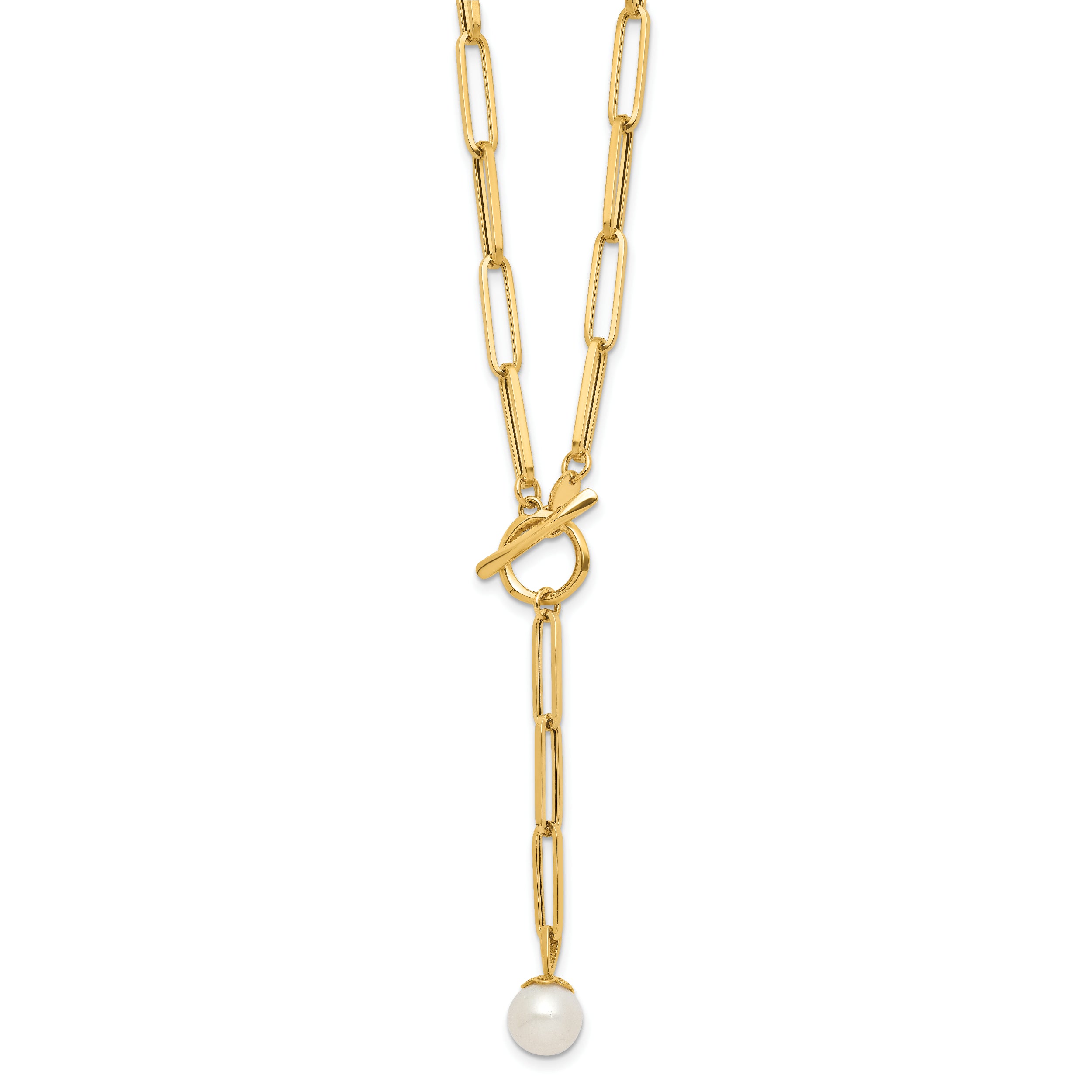 14K Polished Freshwater Cultured Pearl Fancy Link Toggle Necklace