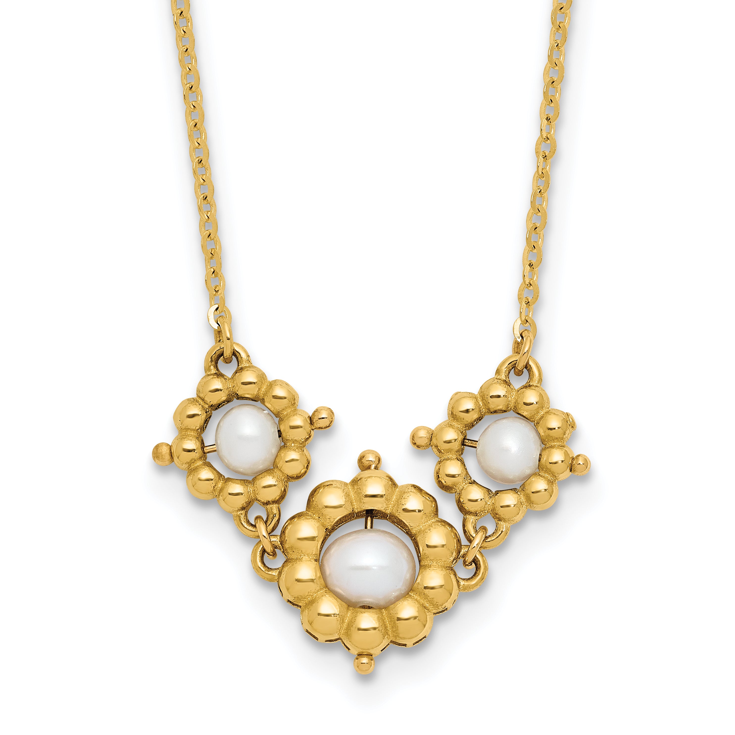 14k Polished FWC Pearl Flower 16in w/2in ext. Necklace