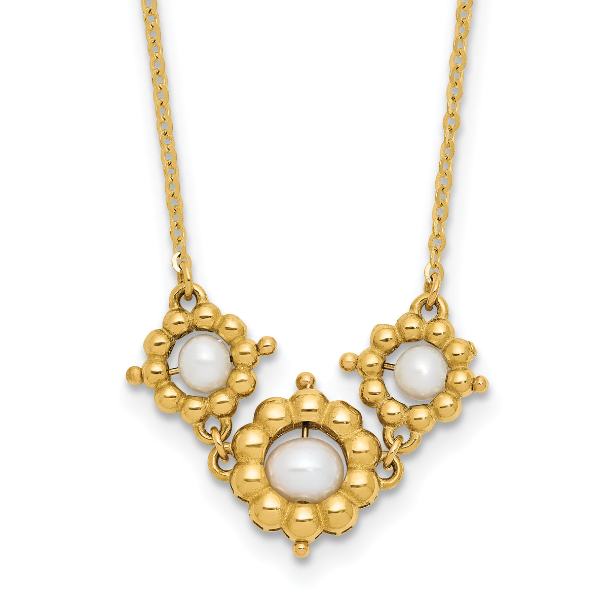 14k Polished FWC Pearl Flower 16in w/2in ext. Necklace