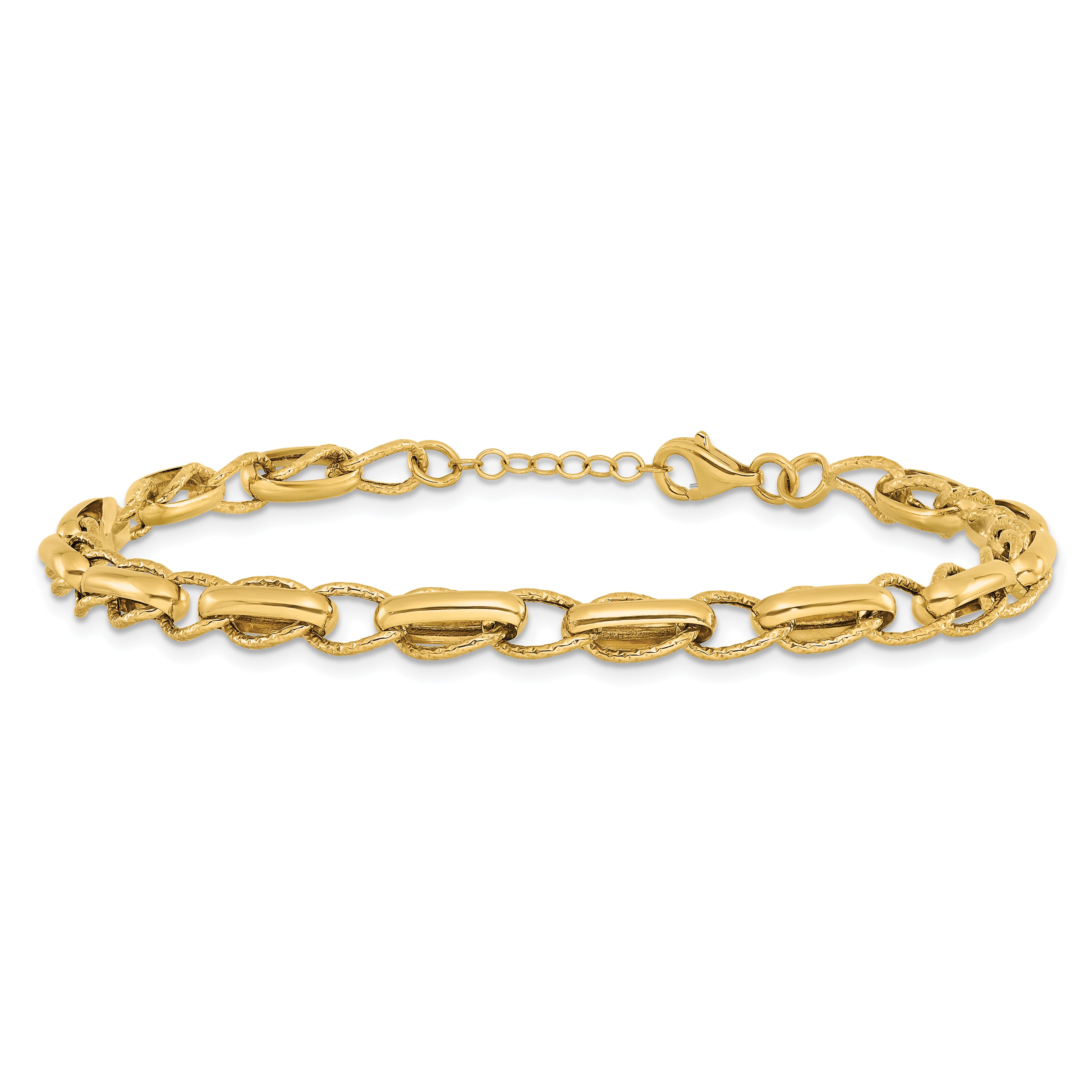 14K Polished and Textured Fancy Link w/.5in ext. Bracelet