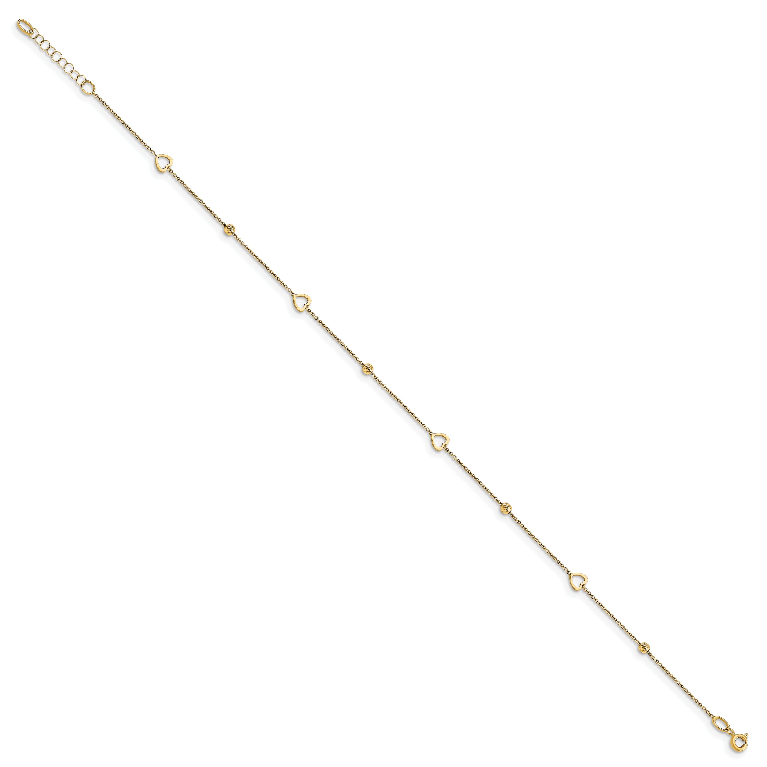 14K Polished and D/C Heart w/1in ext. Anklet
