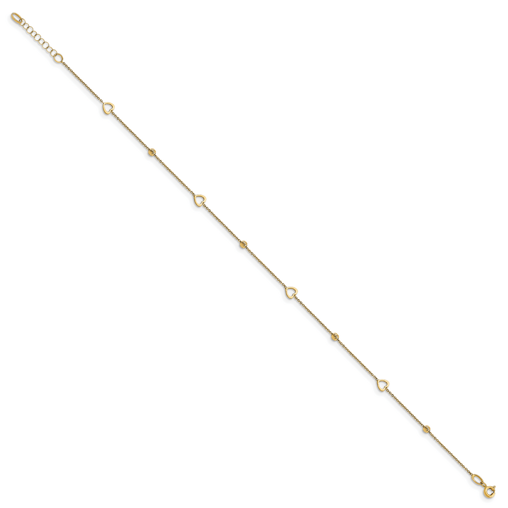 14K Polished and Diamond Cut Heart w/1in ext. Anklet