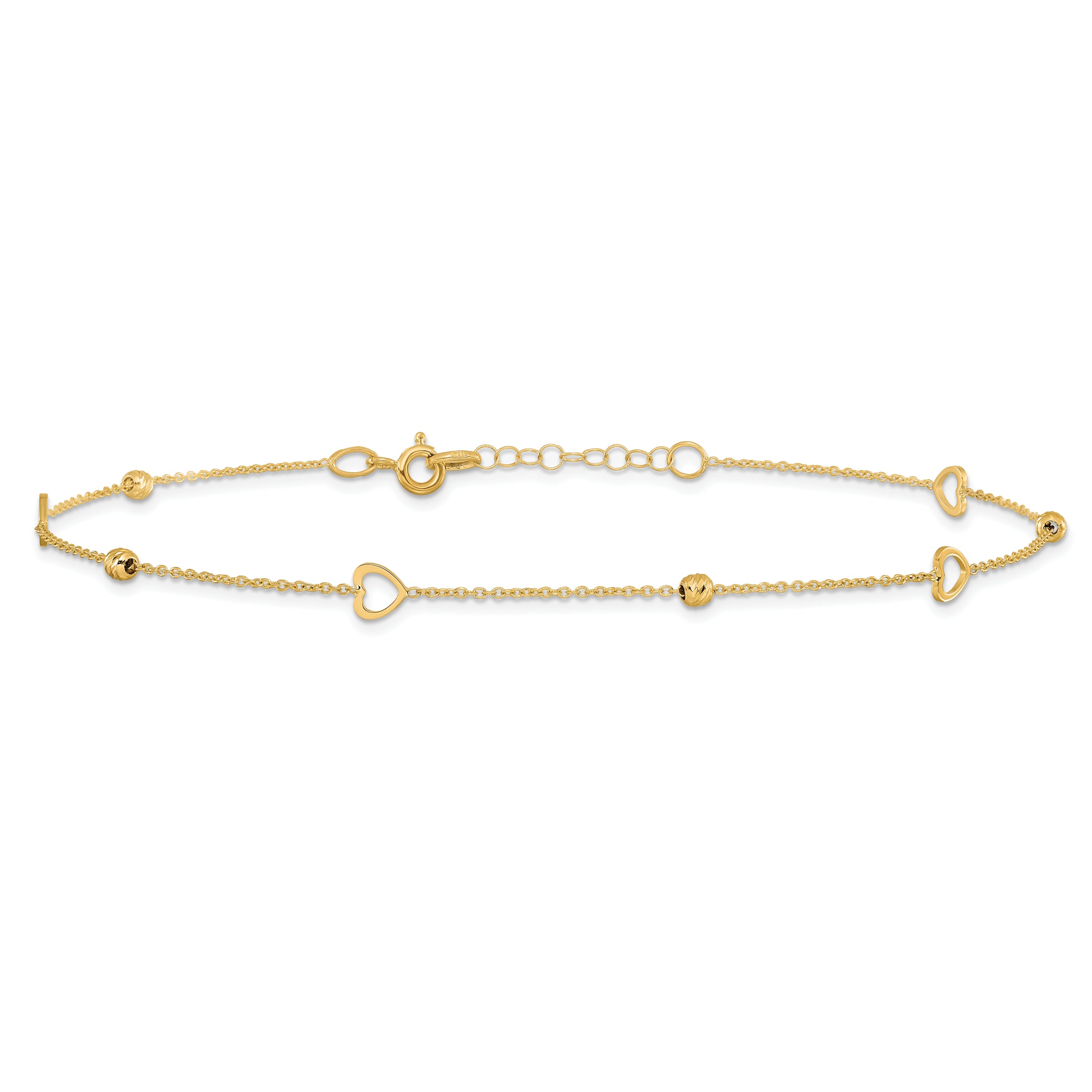 14K Polished and D/C Heart w/1in ext. Anklet