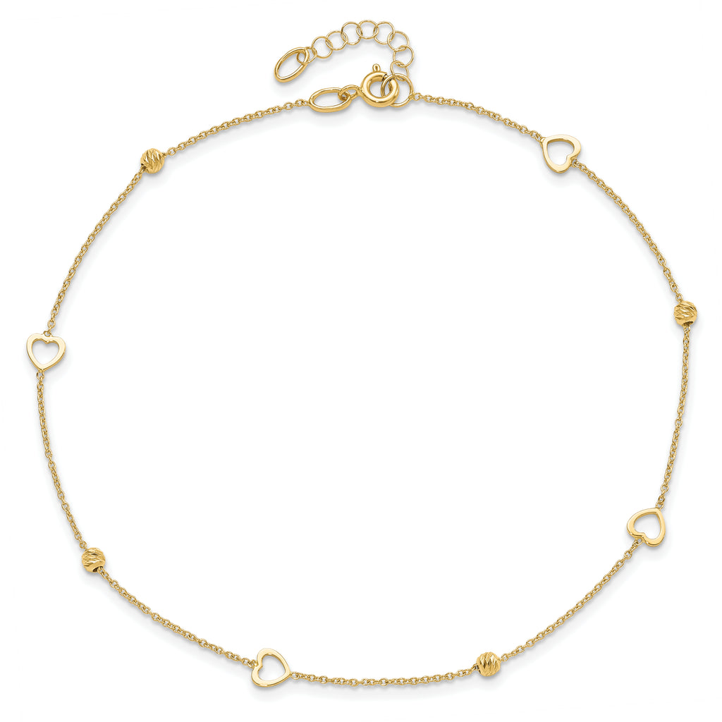 14K Polished and Diamond Cut Heart w/1in ext. Anklet