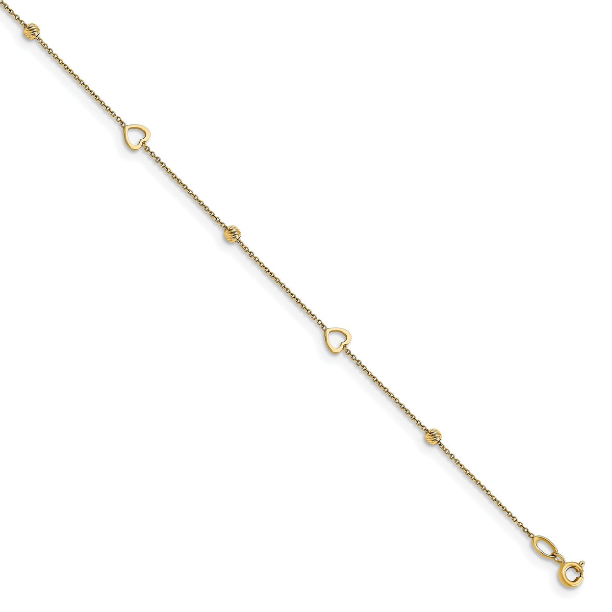 Heart & Bead Cable Anklet in 14K Yellow Gold, Diamond-Cut, 10 Inch - Sophia Jewelers Main image