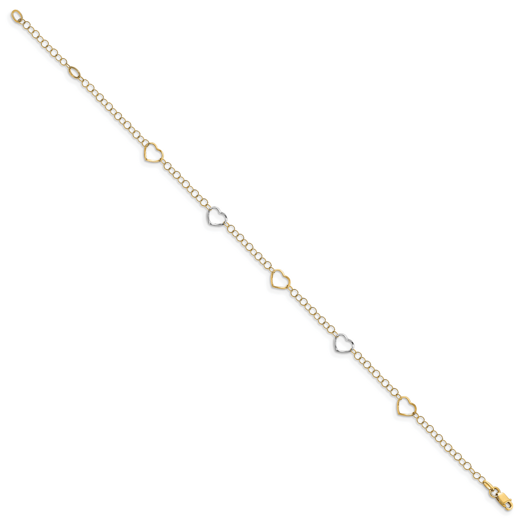 14K Two-tone Polished Heart with 1in ext. Anklet