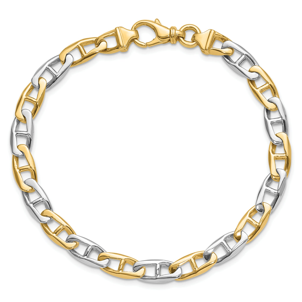 14K Two-tone 8.25 inch 6.6mm Hand Polished Fancy Flat Anchor Link with Fancy Lobster Clasp Bracelet