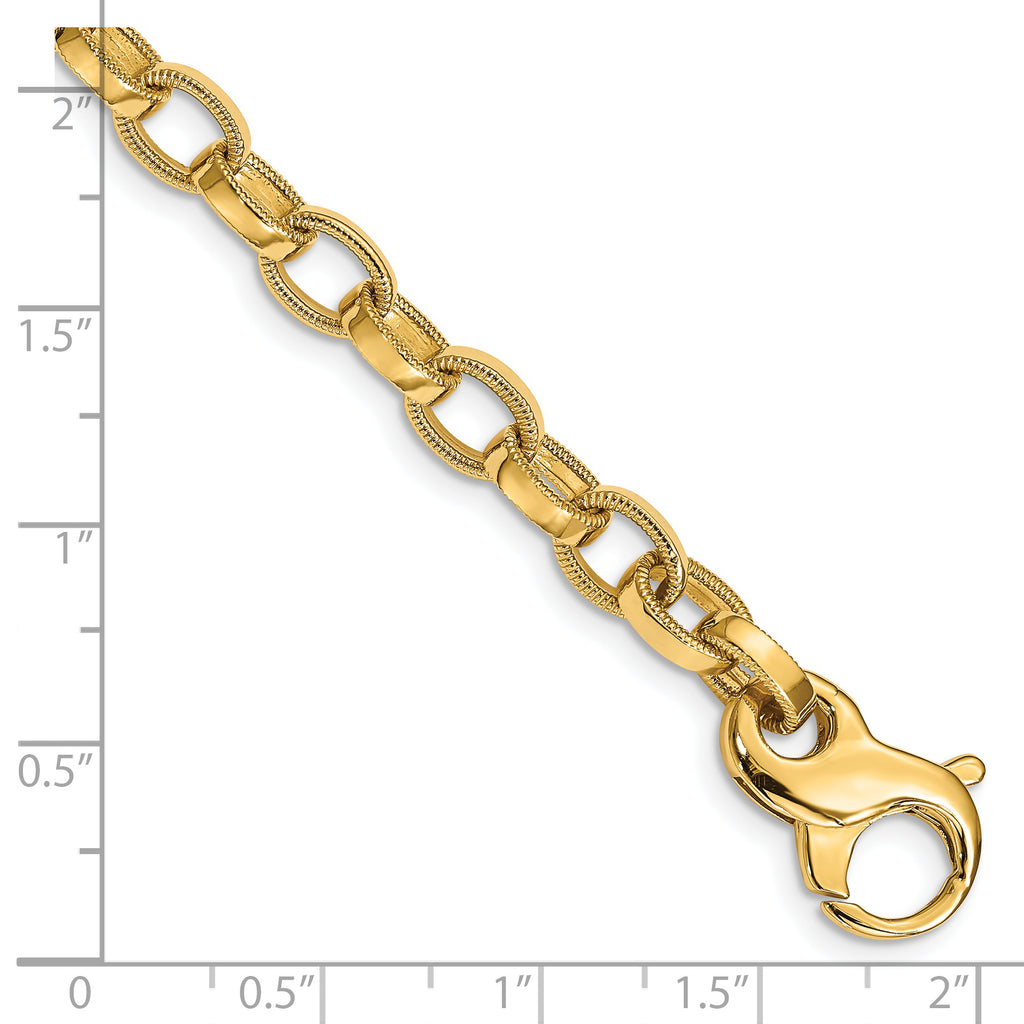 14K 8.5 inch 6.2mm Hand Polished with Ridged Edge Fancy Link Fancy Lobster Clasp Bracelet