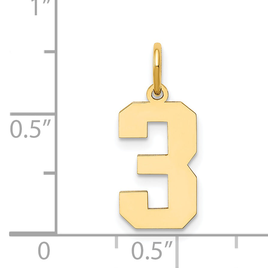 14K Gold Polished Number 3 Charm with Laser Cut Design