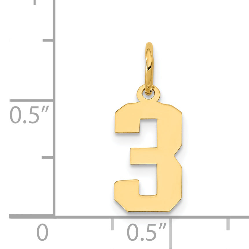 14K Gold Small Polished Number 3 Charm Laser-Cut Adjustable Pendant