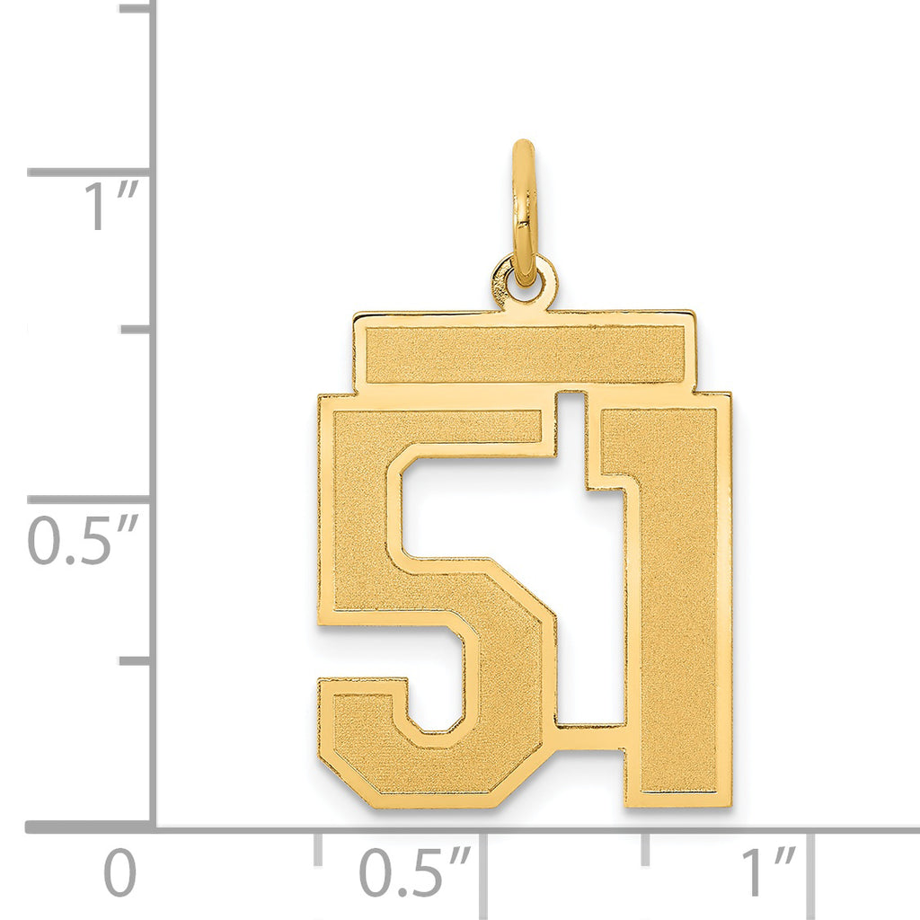 14K Gold Satin Finish Number 51 Charm  Brushed, Laser-Cut, Medium Size