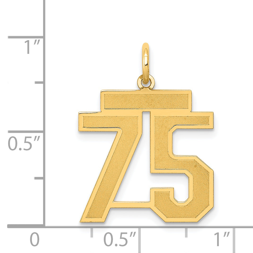 14K Gold Medium Satin Finish Number 75 Charm  Laser Cut, Themed Design