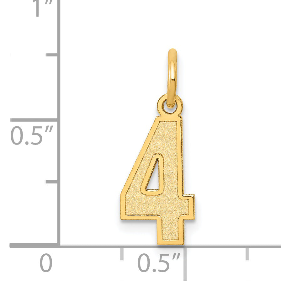 14K Gold Satin Number 4 Charm with Brushed Finish Small, Laser Cut