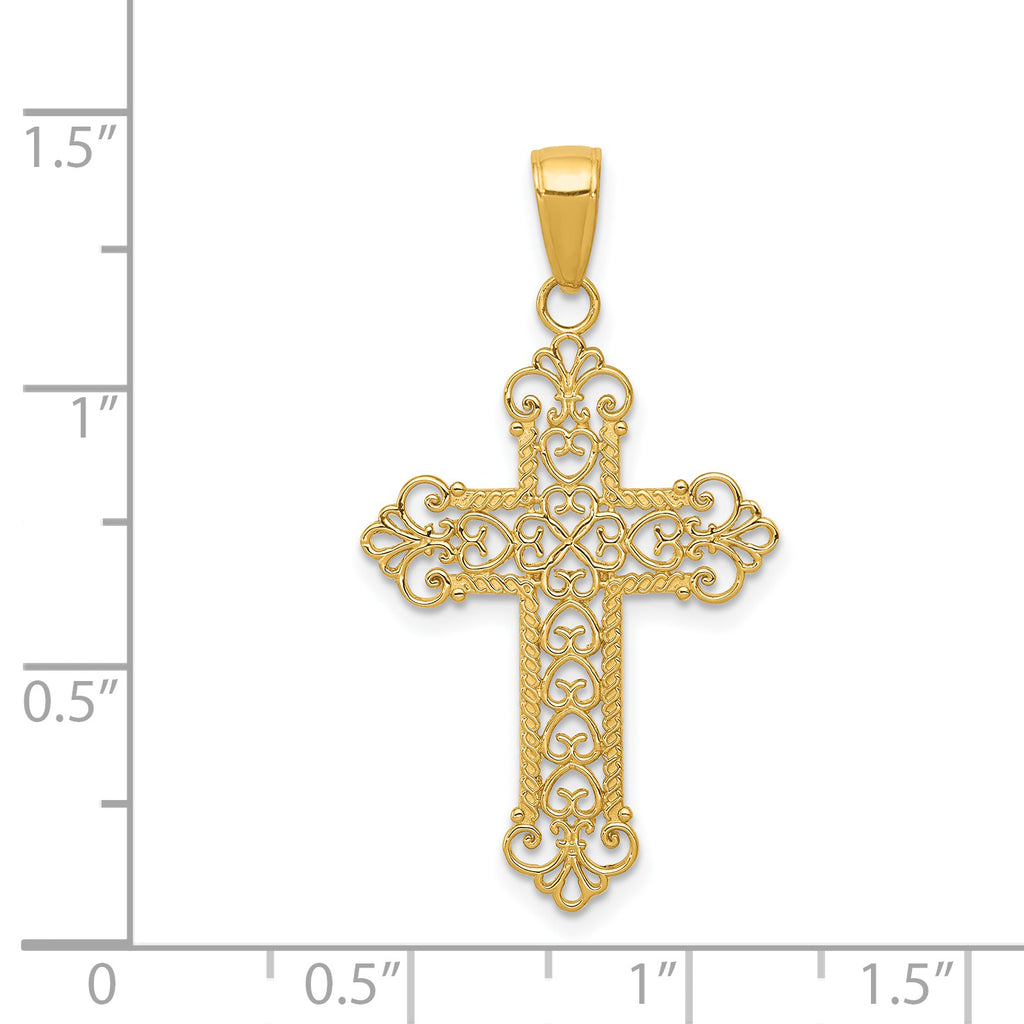 14K Gold Fleur De Lis Cross Pendant with Solid Cast Design