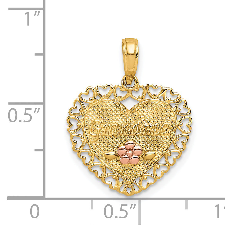 14K Two-Tone Gold Grandma Heart Charm with Flower Elegant Gift