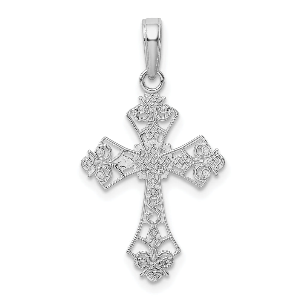 14K White Gold Filigree Cross Charm with Rhodium Finish, Reversible Design
