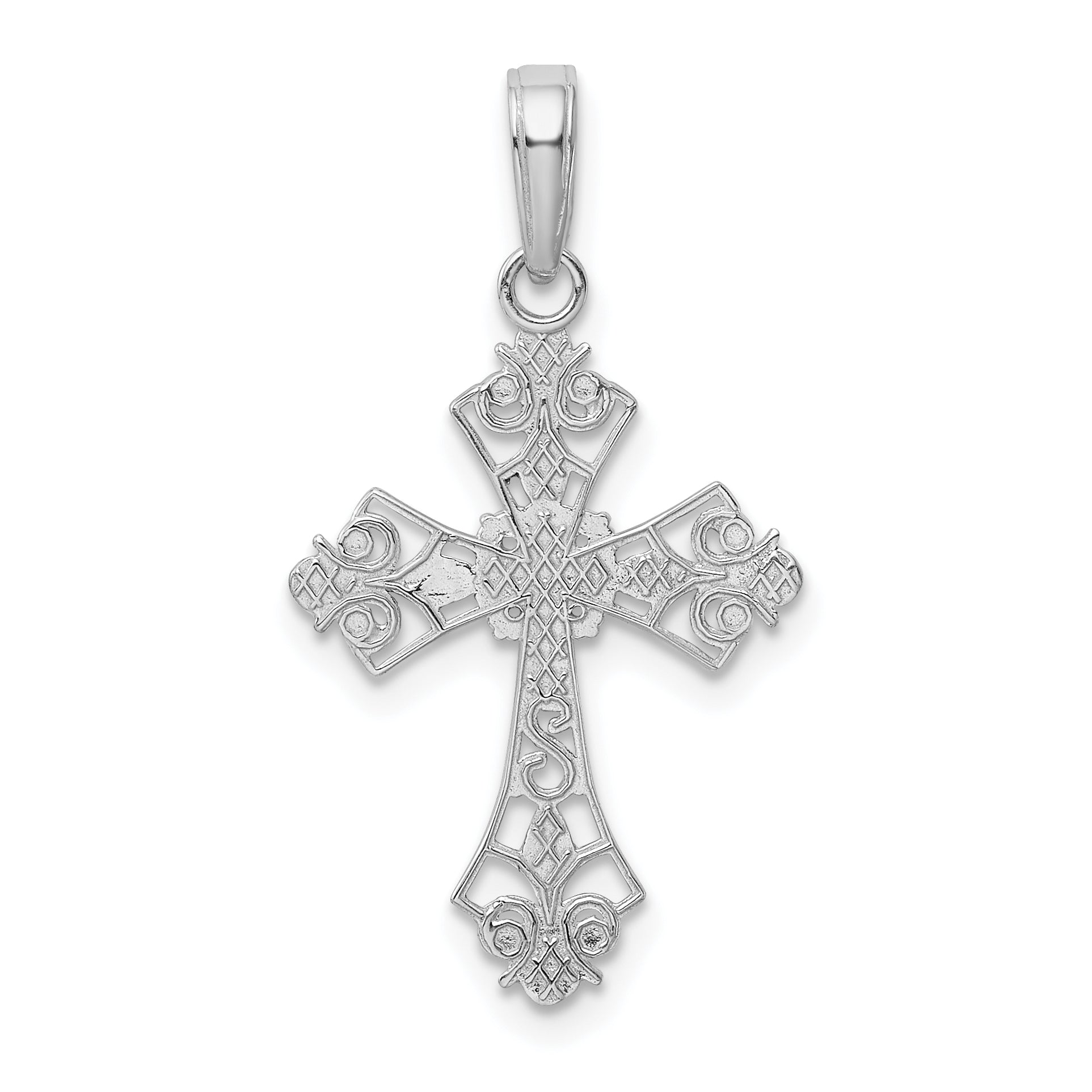 14K White Gold Filigree Cross Charm with Rhodium Finish, Reversible Design