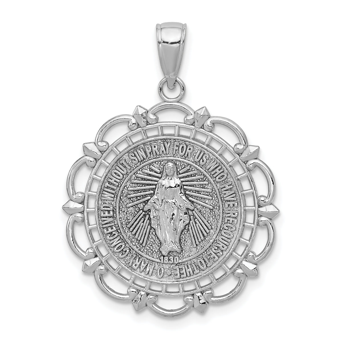 14K White Gold Miraculous Medal Pendant with Scallop Frame  Rhodium Plated, Solid