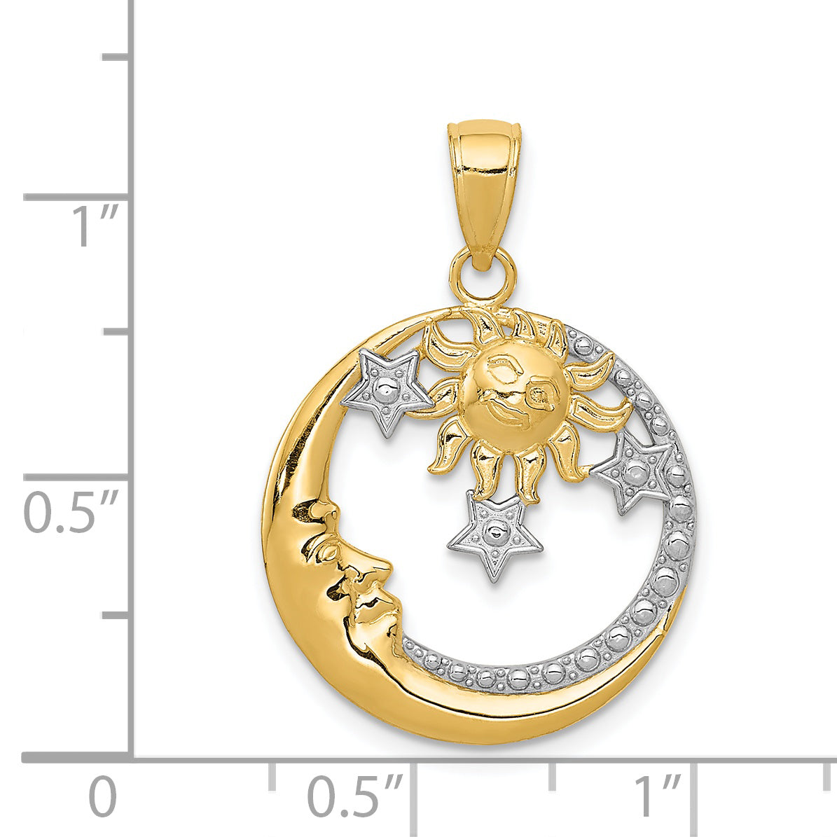 14K and Rhodium Diamond Cut  Moon, Stars, and Sun Pendant