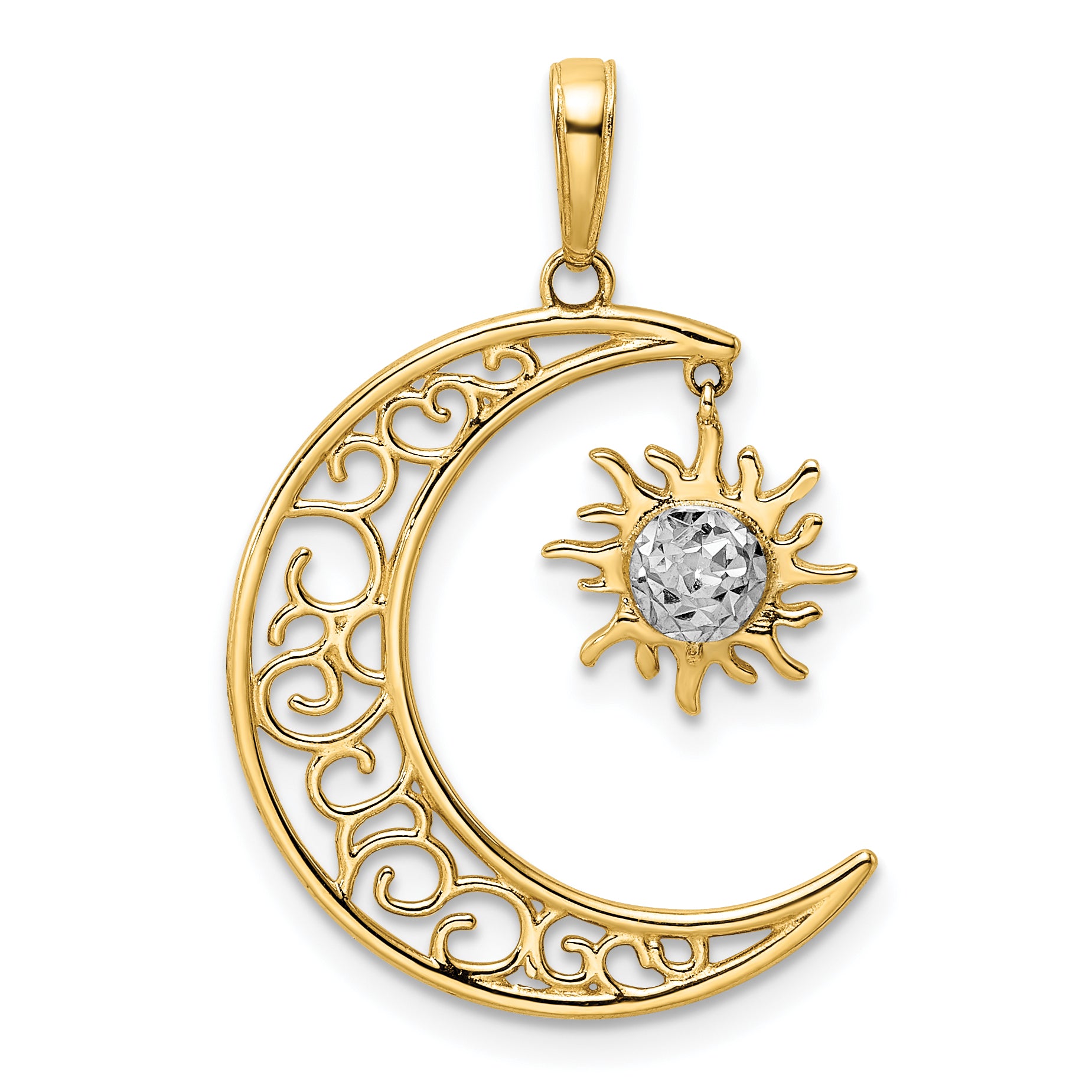 14k and White Rhodium Diamond-cut Moon and Dangle Sun Pendant