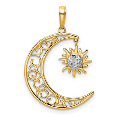 14k and White Rhodium Diamond-cut Moon and Dangle Sun Pendant