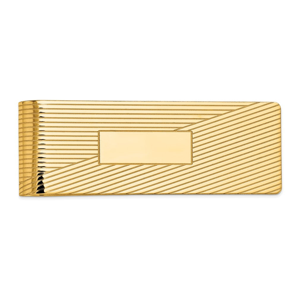 14K Gold Polished Men's Money Clip with Grooved Design Engravable