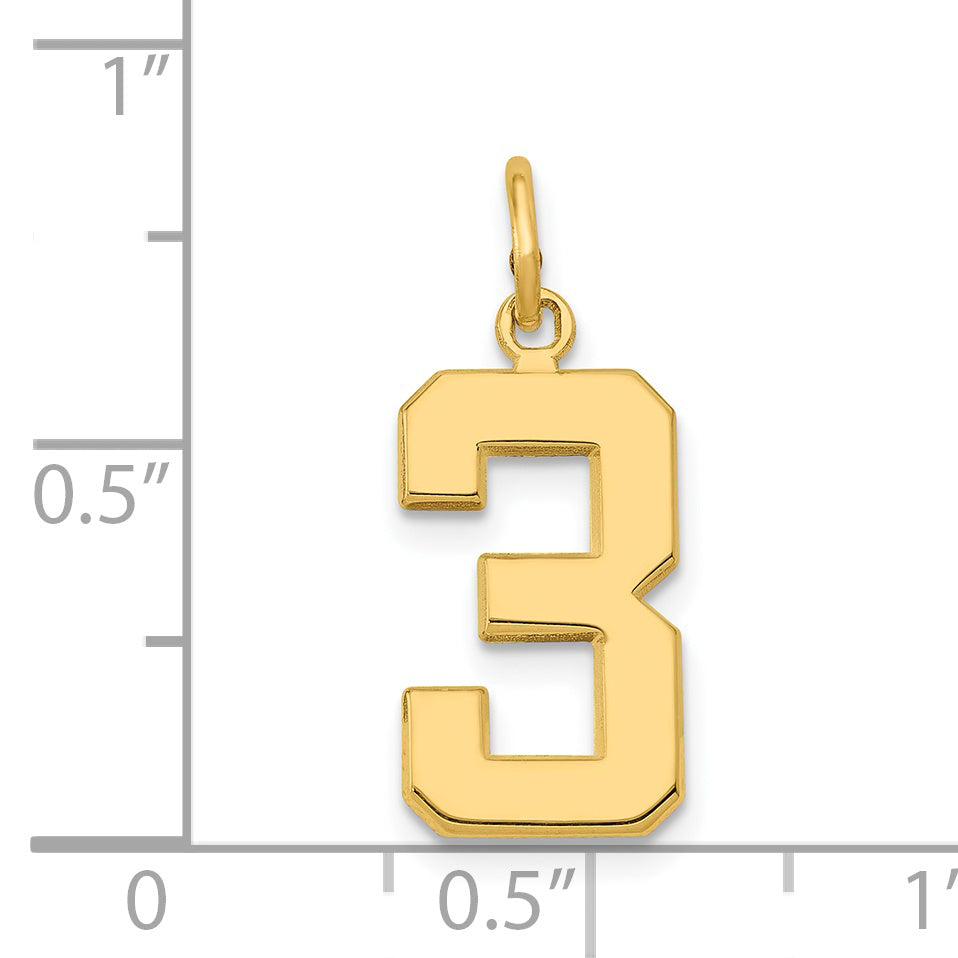 14K Gold Number 3 Polished Charm  Medium, Casted, Elegant Finish