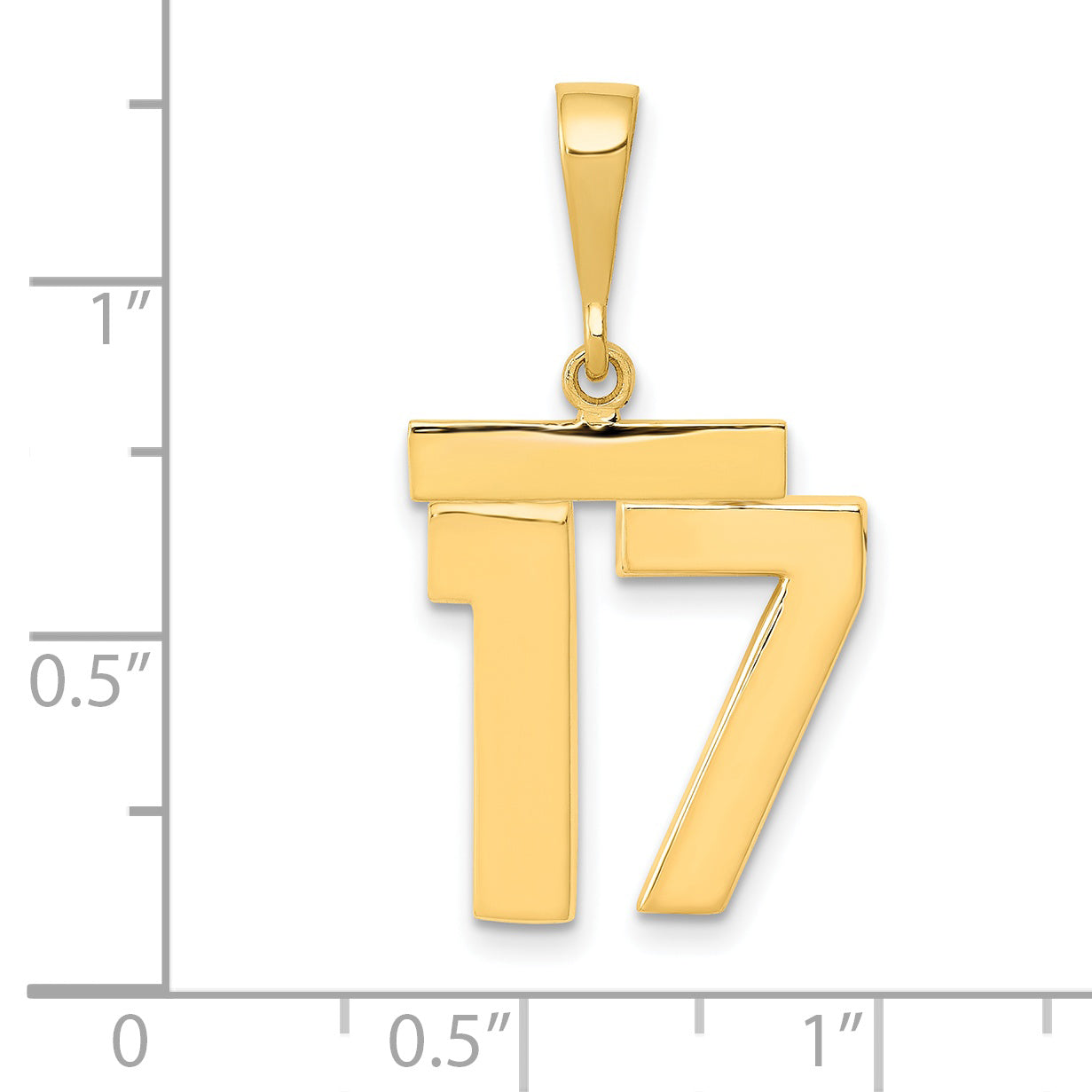 14K Yellow Gold Polished Number 17 Charm Medium Size, Casted Finish