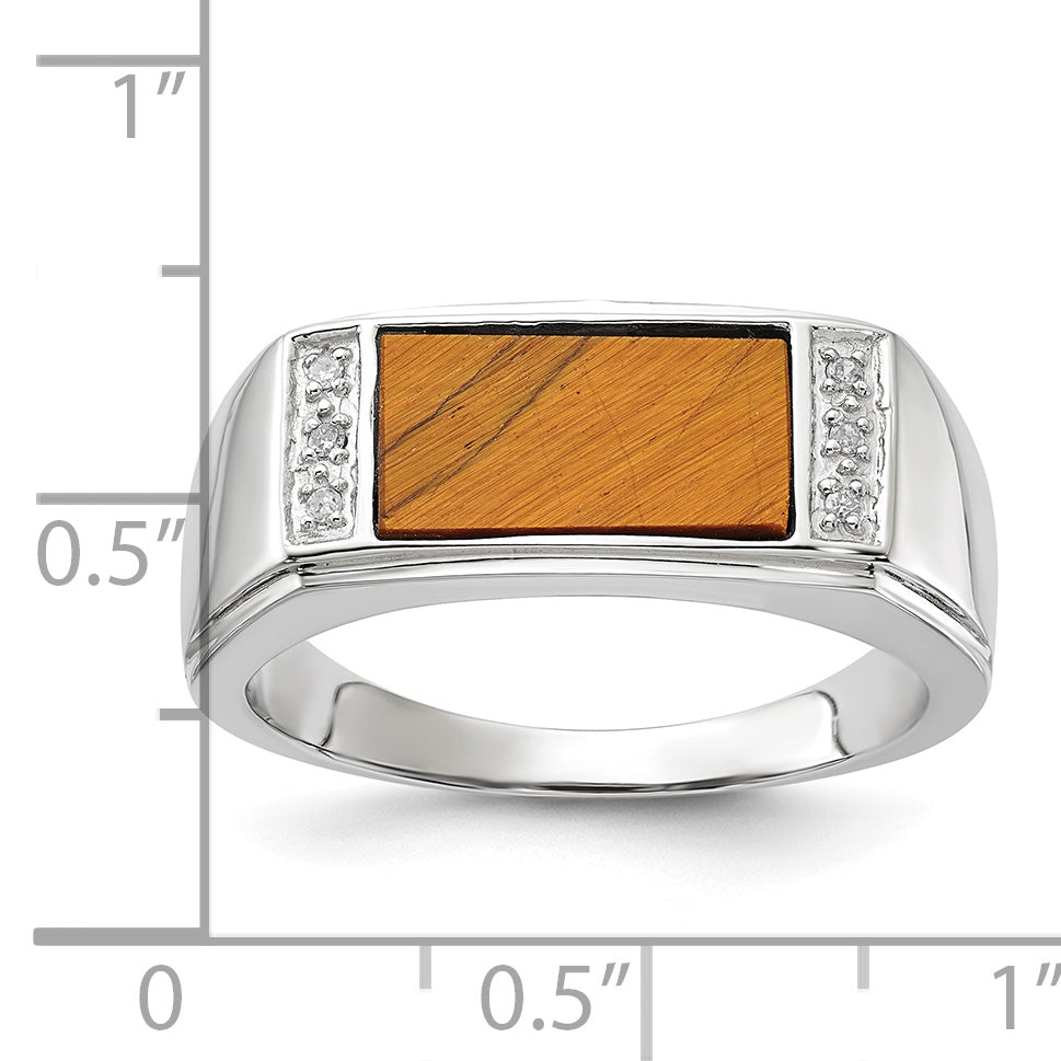 14k White Gold Polished Tigers Eye & A Quality Diamond Mens Ring