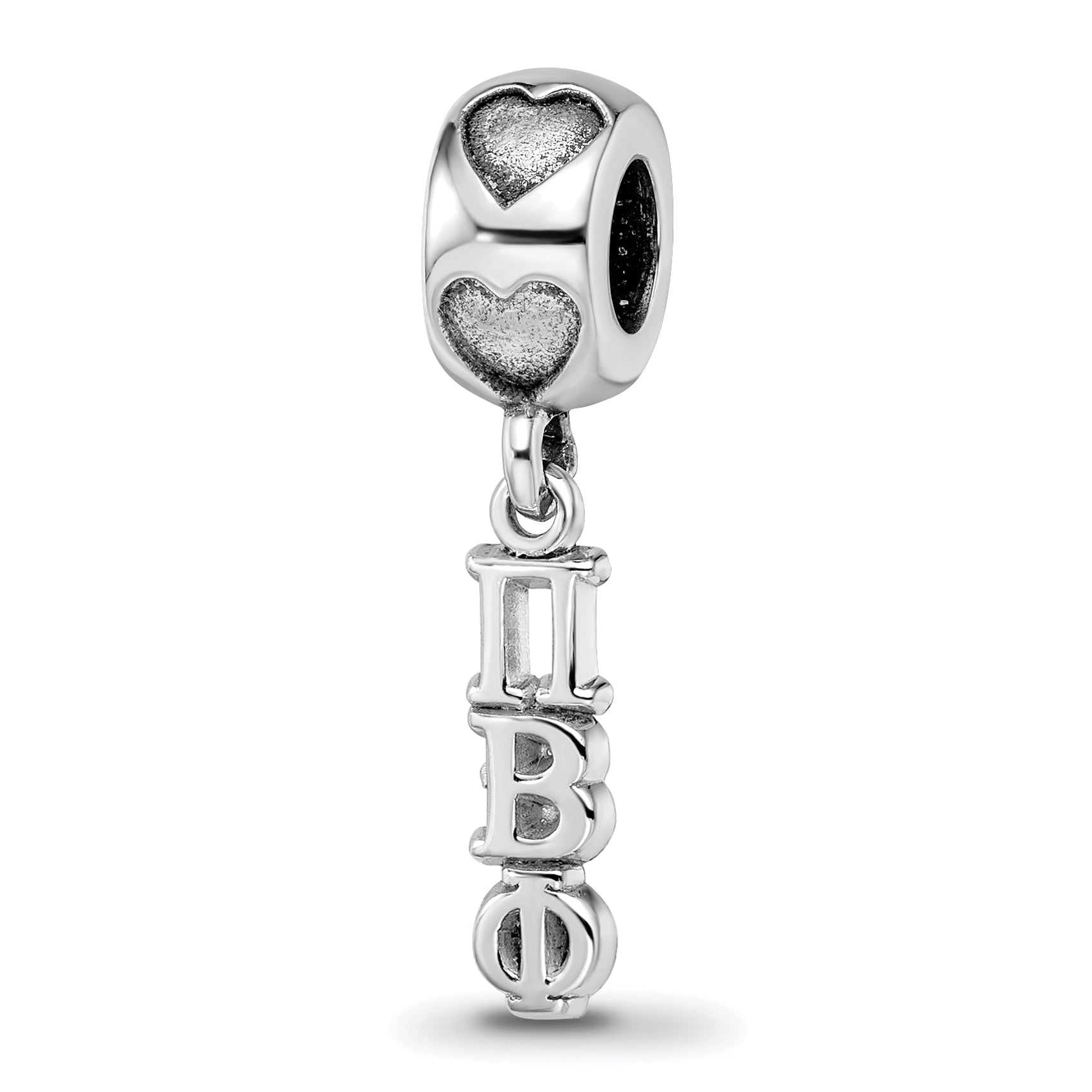 Sterling Silver Rh-plated LogoArt Pi Beta Phi Vertical Letters on Heart Bea