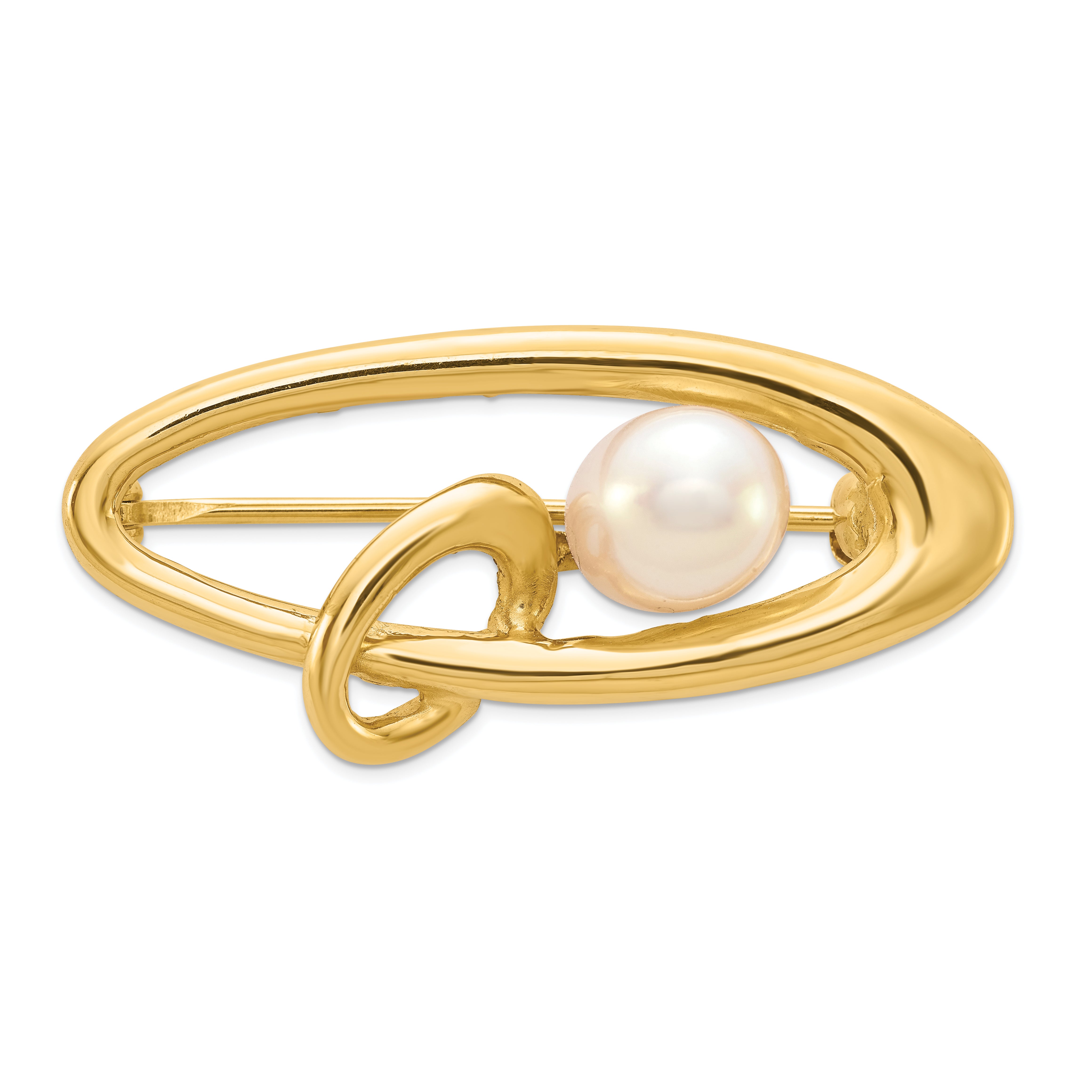 14k Polished Oval with 5-6mm White Rice Freshwater Cultured Pearl Pin Brooch