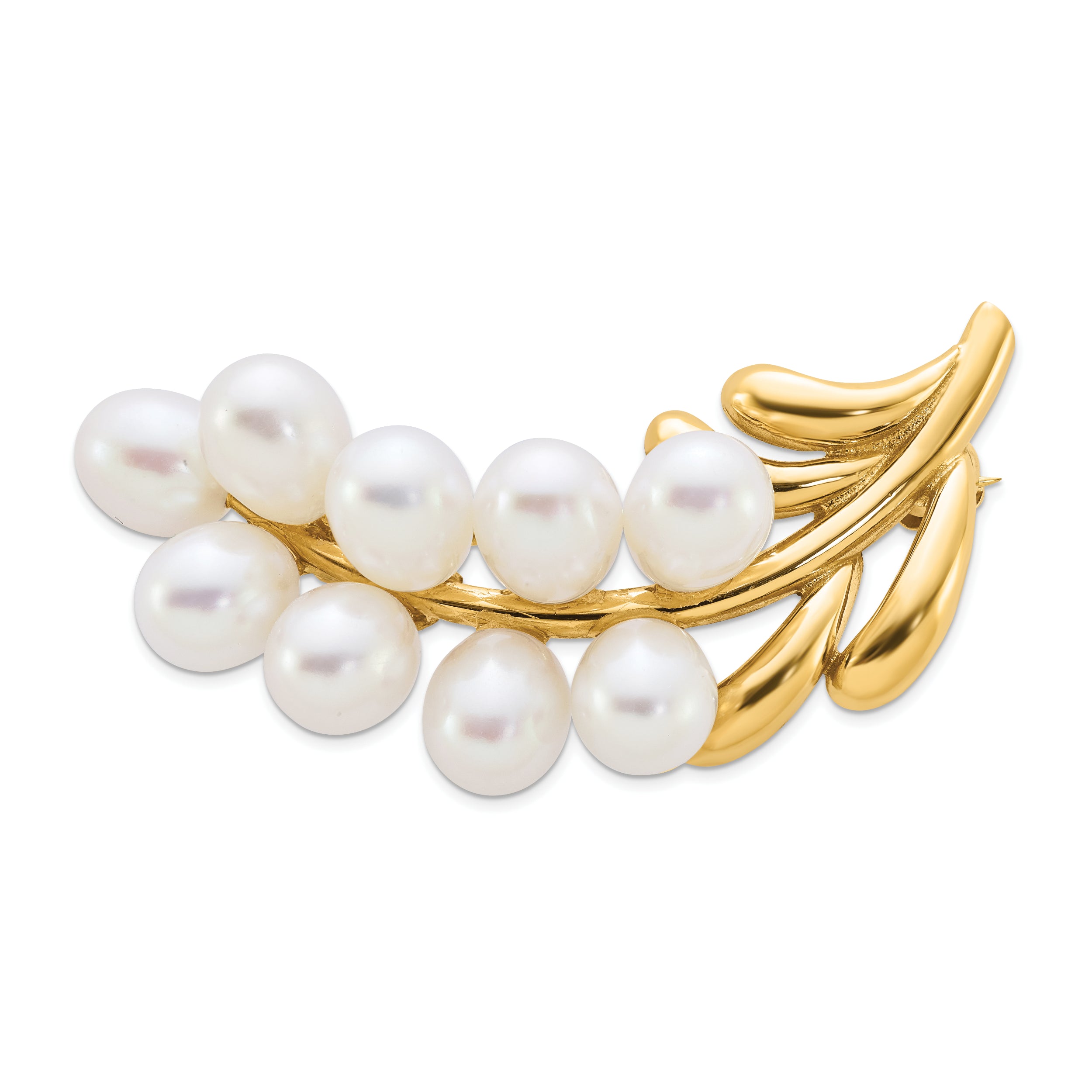 14k Polished Cluster 5-6mm White Rice Freshwater Cultured Pearl Pin Brooch