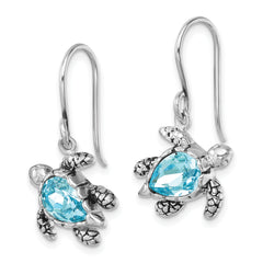 Sterling Silver Rhodium-plated Antiqued Blue Crystal Turtle Dangle Earrings