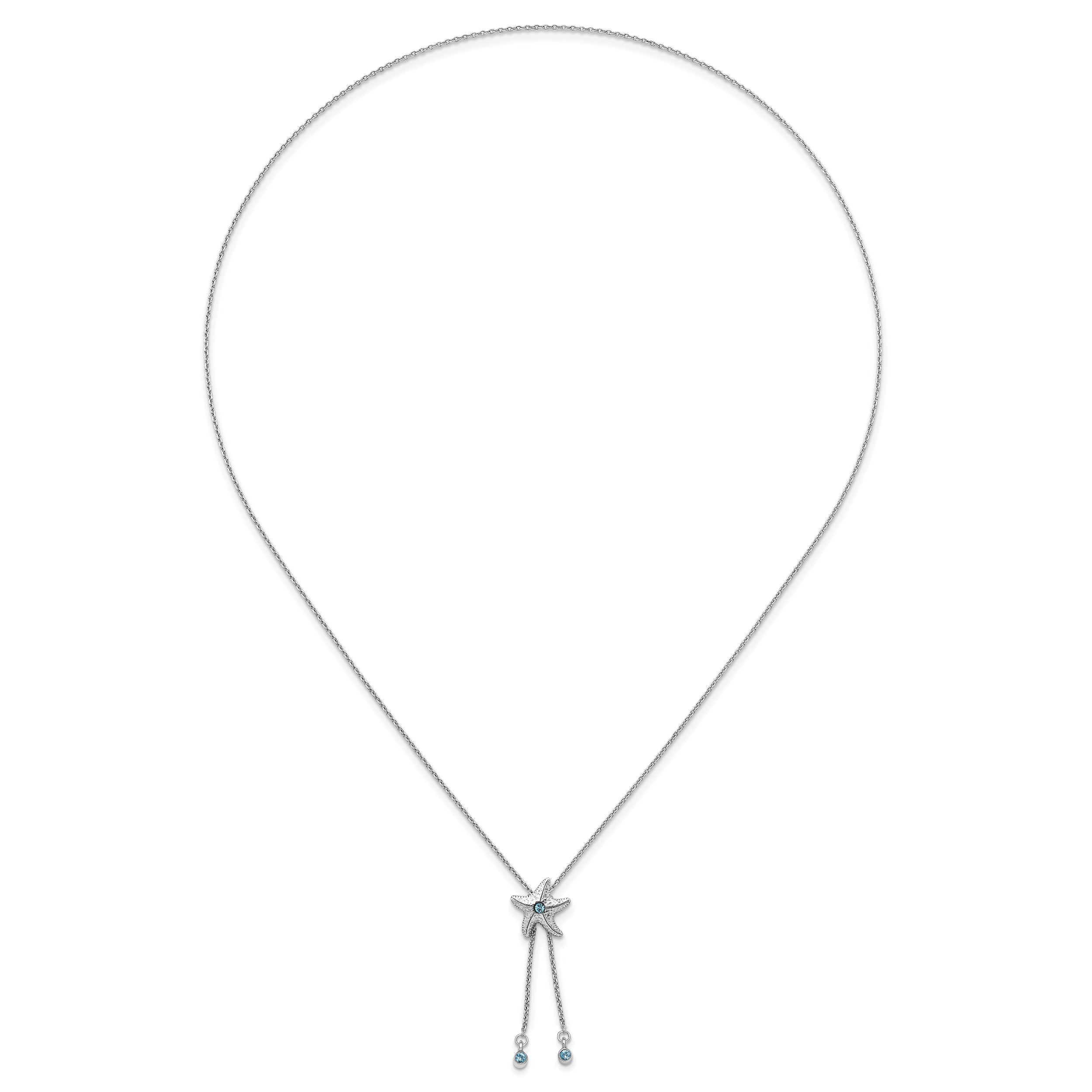 Sterling Silver Rhodium-Plated Polished and Textured Crystal Starfish Adjustable Necklace